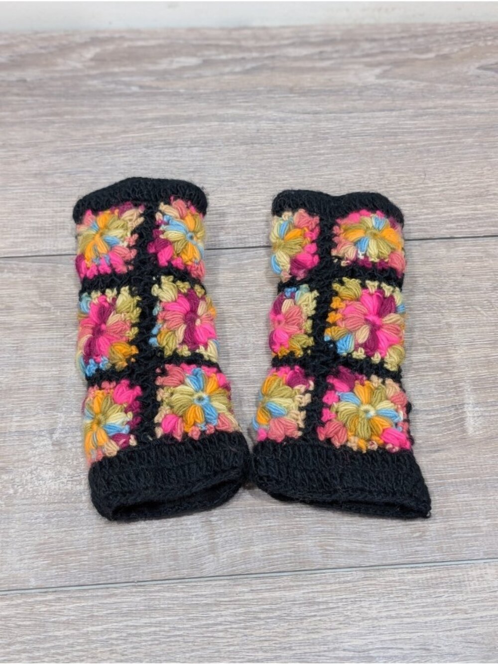 Crochet Knit Floral Fingerless Gloves Granny Square Boho Wool Mitten Handwarmer